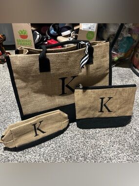 Personalised Initial Monogram Jute Tote Bag, Plus 2 Smaller Bags- EUC